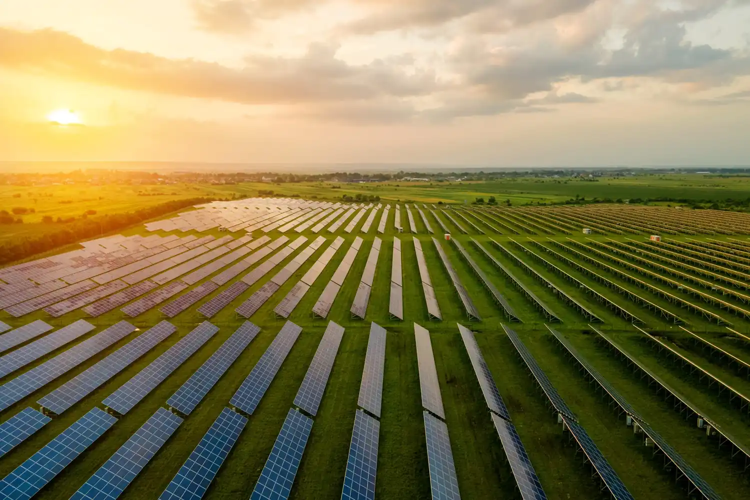Campo di pannelli solari al tramonto, vista dall'alto. Energia rinnovabile, ambiente, sostenibilità.