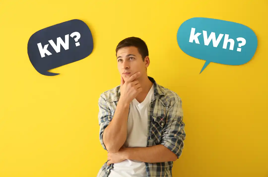 Uomo pensieroso con bolle kW e kWh su sfondo giallo, concetto di energia.