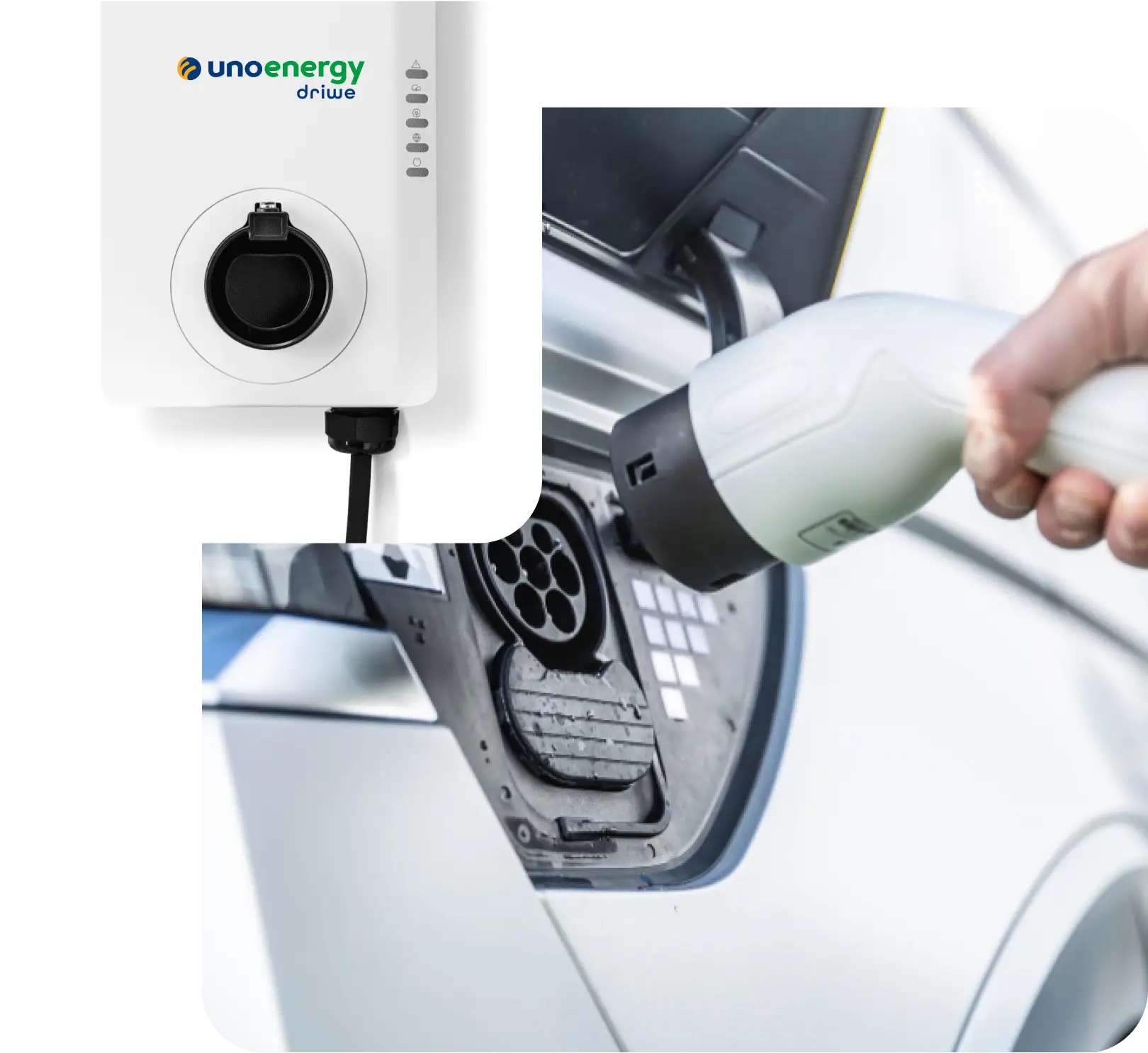 Caricatore per auto elettrica UnoEnergy Driwe vicino a una presa di ricarica automobilistica.
