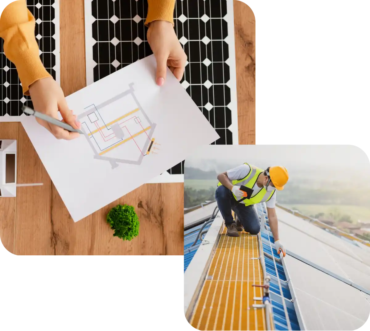 Tecnico che installa un impianto fotovoltaico, mani che tengono un progetto disegnato