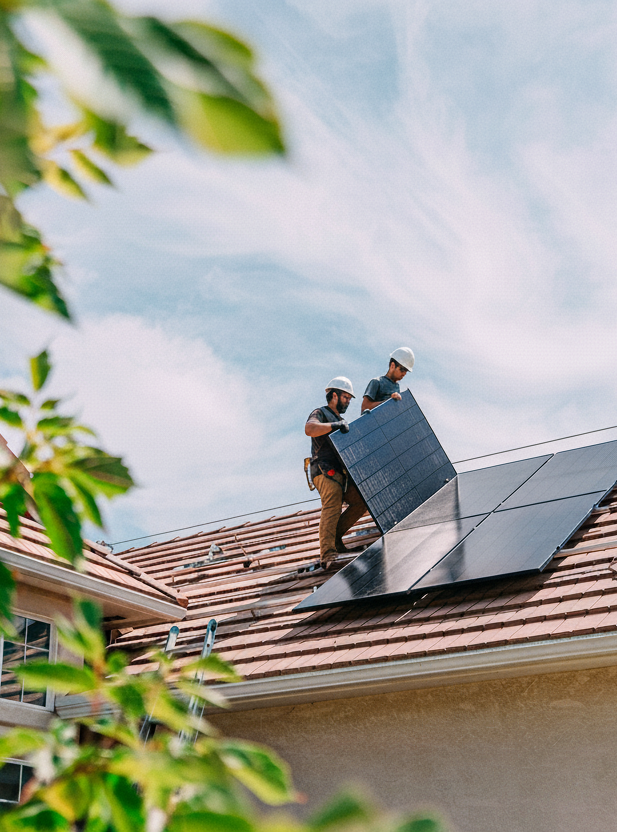Operai installano pannelli solari su tetto con casco di sicurezza, giorno soleggiato, foglie in primo piano.
