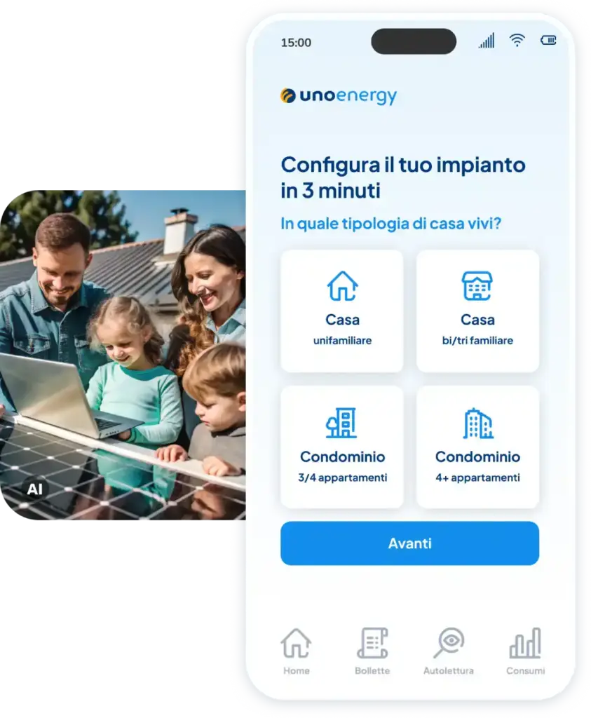 Famiglia guarda il pannello solare, appicazione per la configurazione
