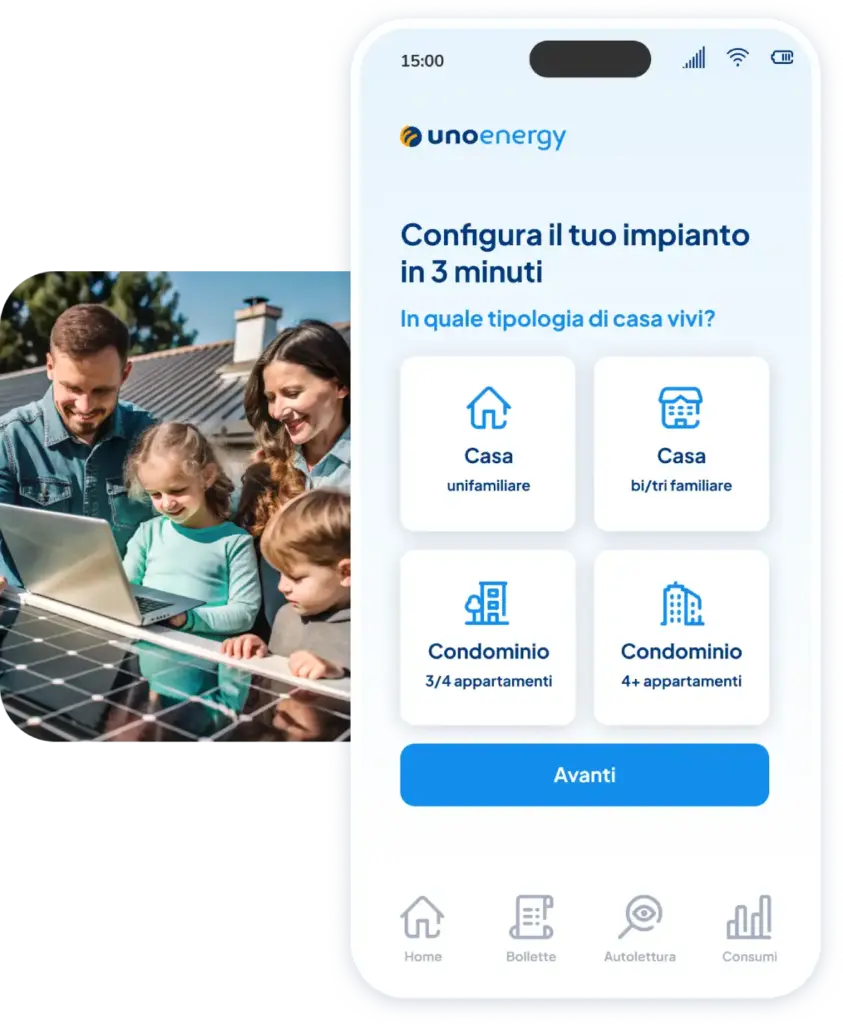 Famiglia guarda il pannello solare, appicazione per la configurazione