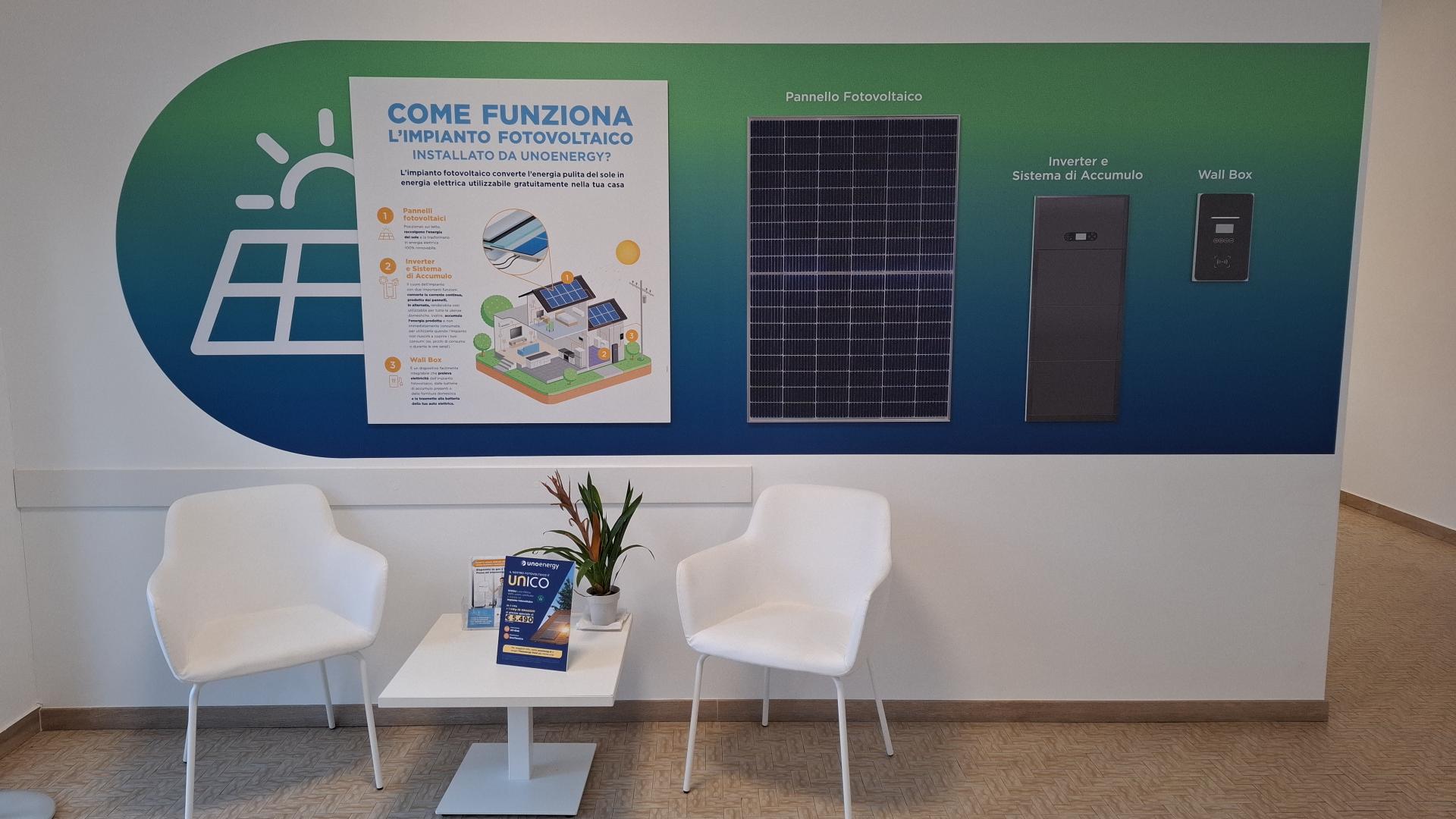 Sala d'attesa con pannello informativo su impianti fotovoltaici, due sedie, tavolino e dépliant informativi.