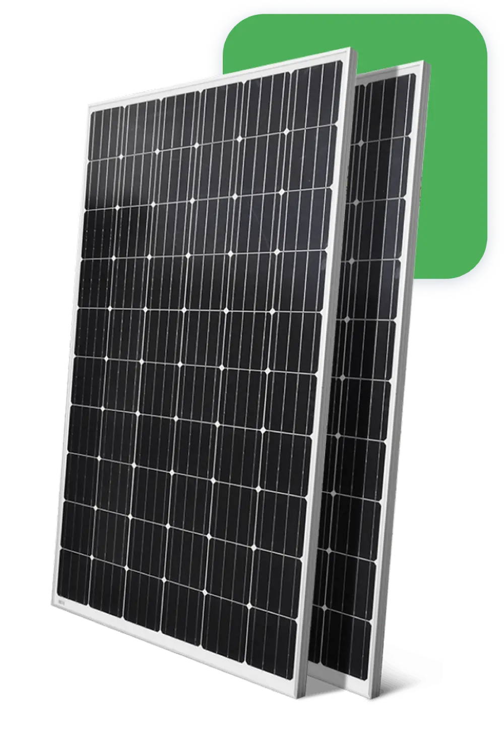 Due pannelli solari monocristallini su sfondo verde, vista laterale.