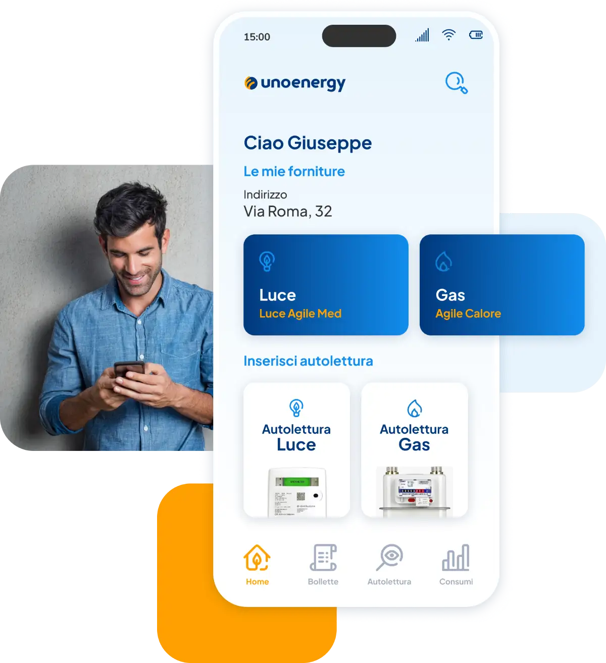 App Unoenergy su smartphone, link a letture luce e gas, sfondo utente che sorride guardando il telefono.