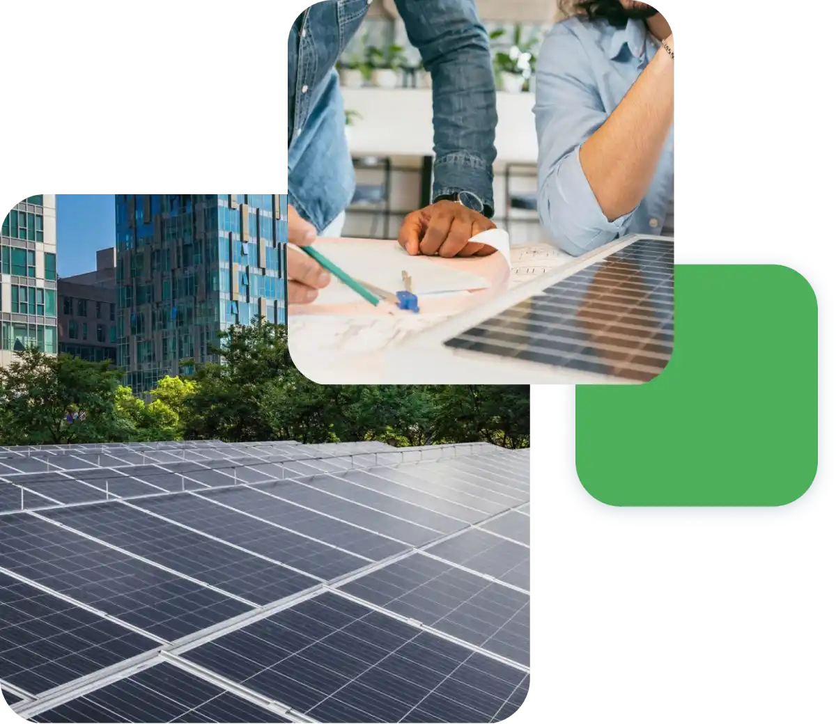 Consultazione sul design del pannello solare con edifici sullo sfondo e pannelli fotovoltaici in primo piano.