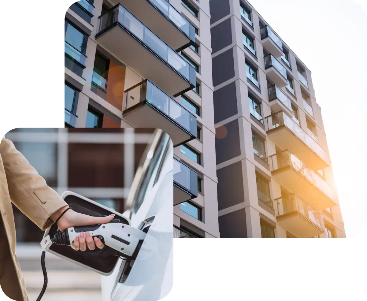 Donna ricarica l'auto elettrica nel parcheggio condominiale