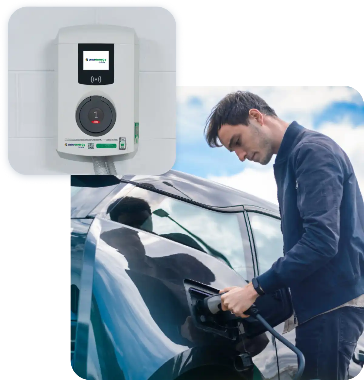 Uomo che ricarica la sua auto grazie al wallbox condominiale
