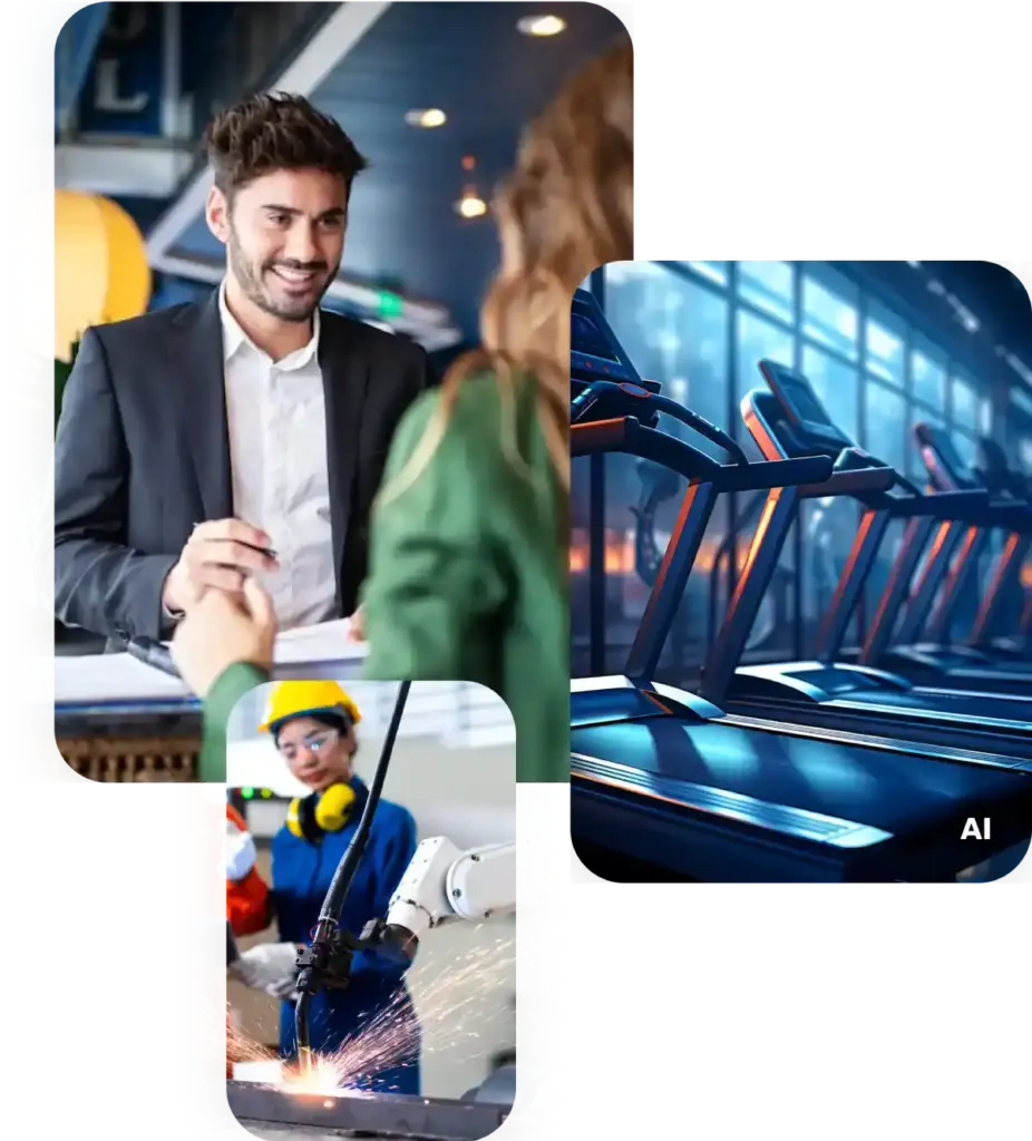 Uomo in giacca discute con donna. Tapis roulant in palestra. Robot industriale salda metallo.