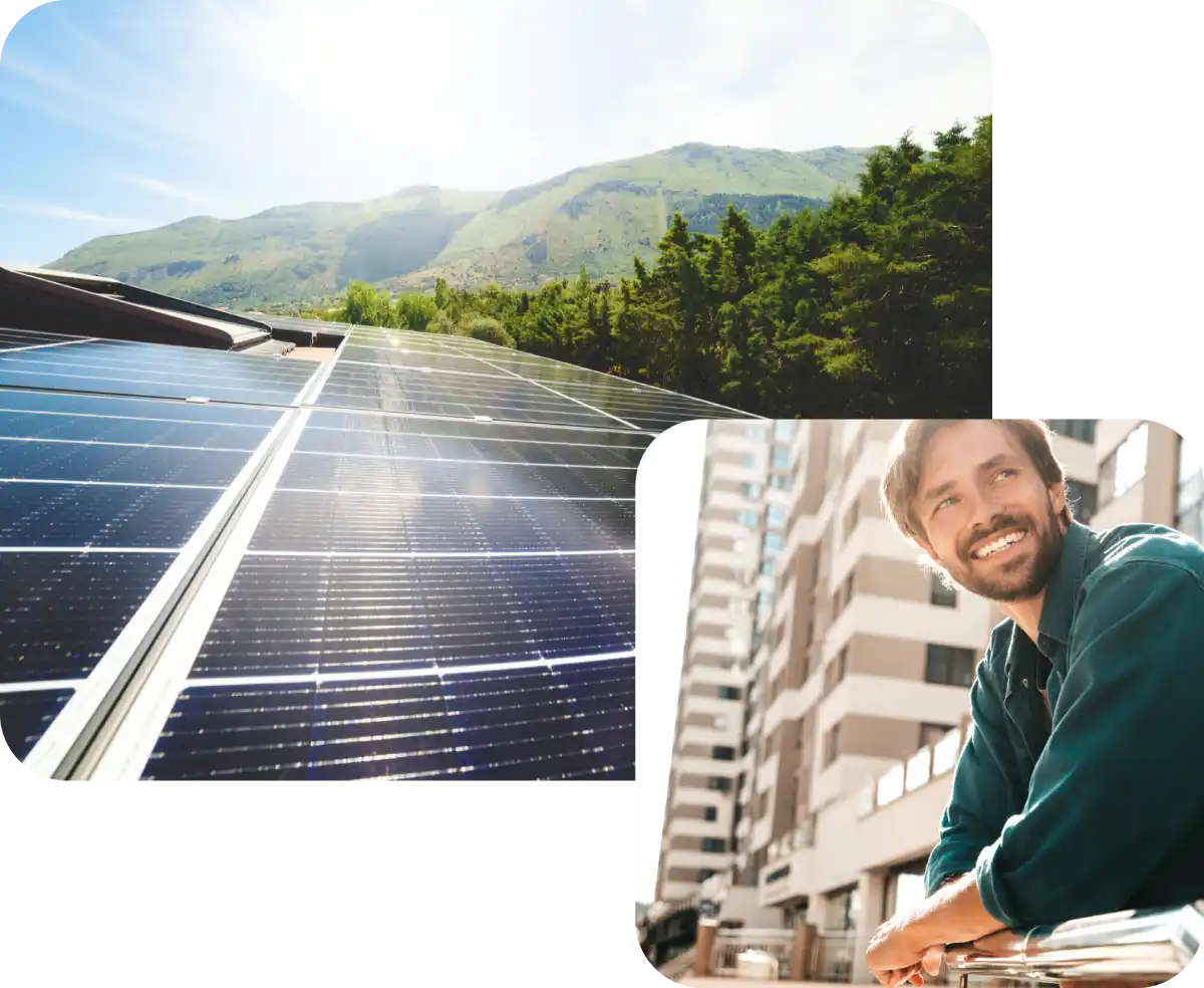 Pannelli solari su tetto e uomo sorridente in città con edifici moderni sullo sfondo.