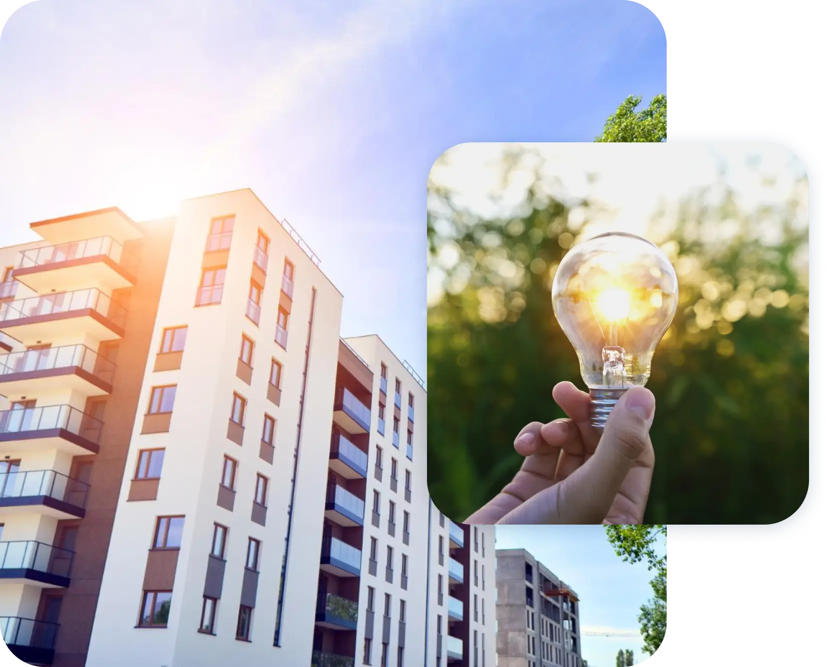 Edificio residenziale con cielo soleggiato e mano che tiene una lampadina illuminata su sfondo naturale.
