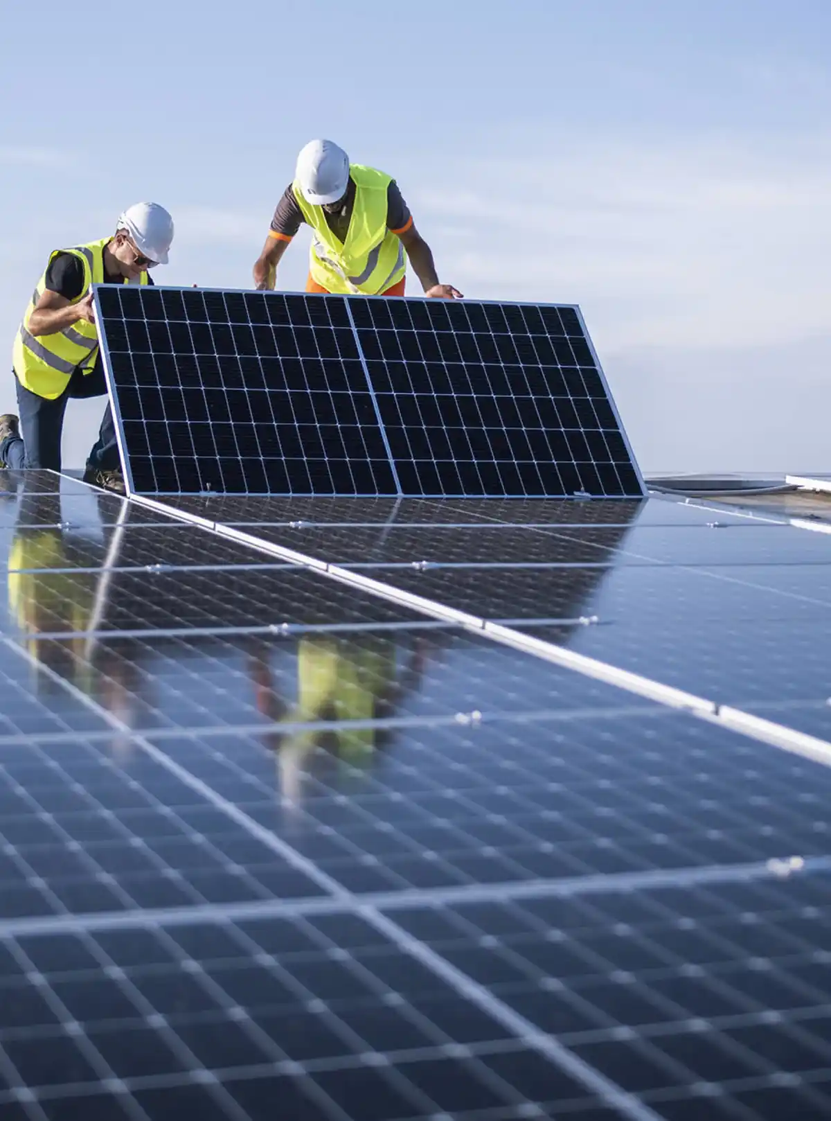 Due operai installano pannelli solari su tetto, indossando elmetti e giubbotti di sicurezza gialli.