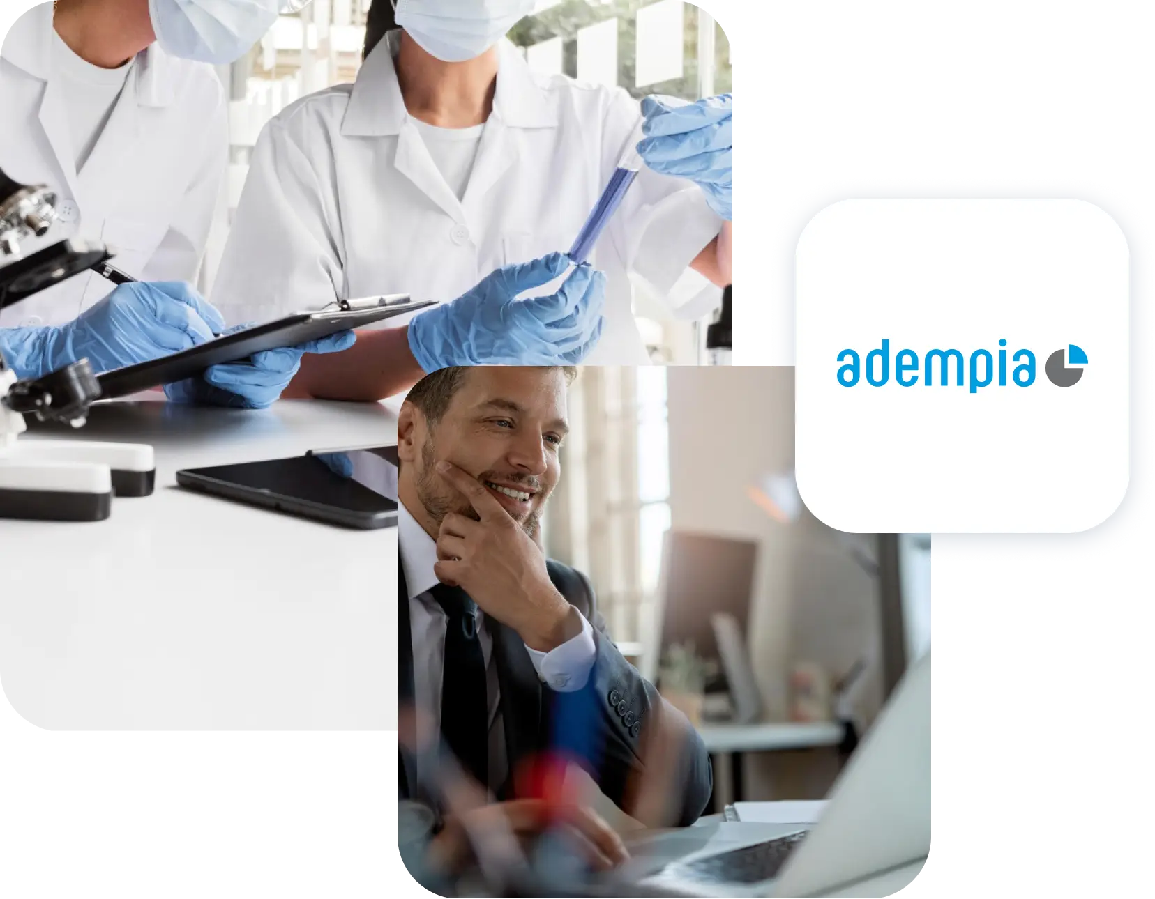 Scienziati al lavoro in laboratorio con logo Adempia e uomo sorridente al computer in ufficio.