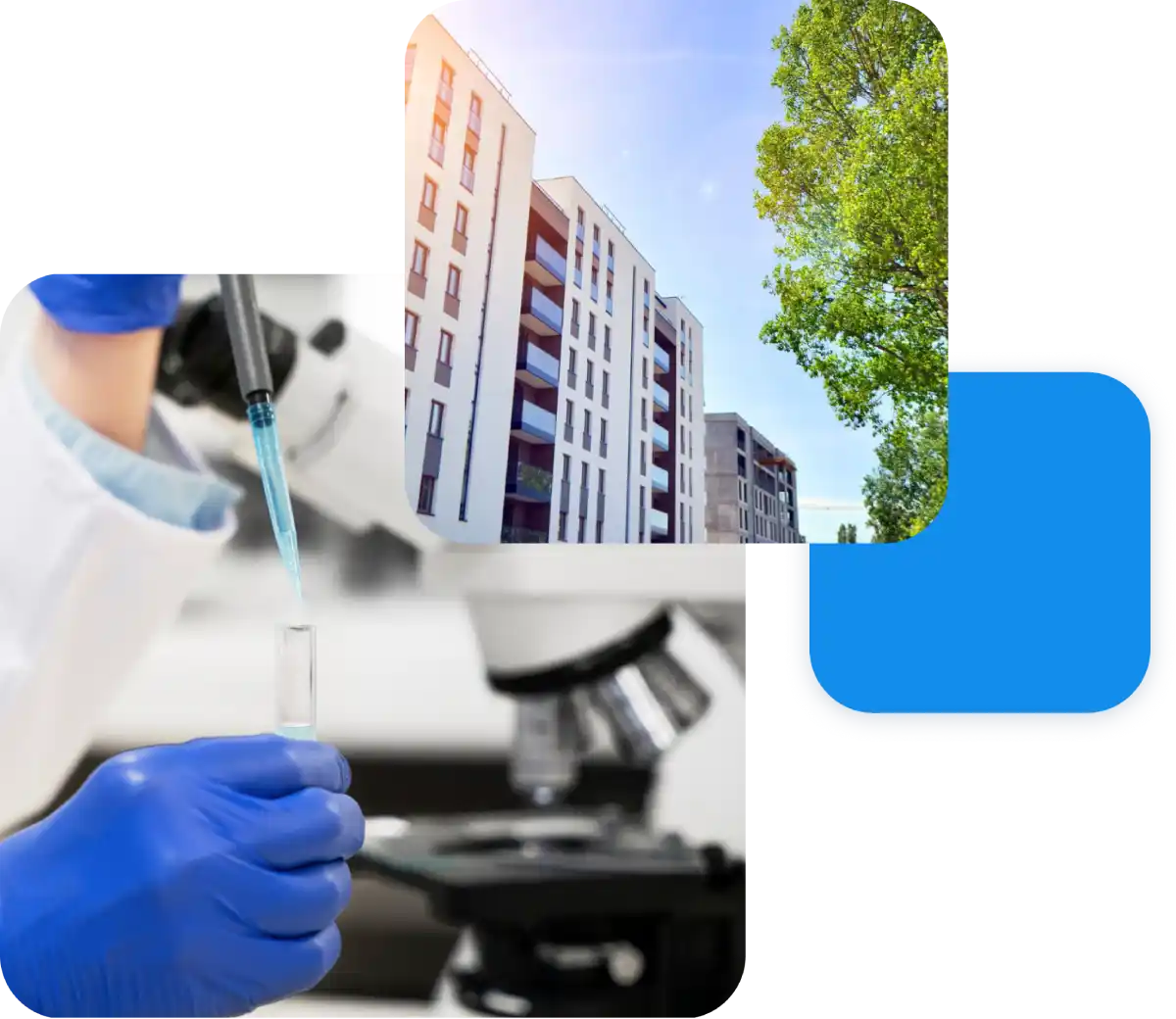 Laboratorio scientifico e condomini moderni con albero verde, rappresentando ricerca e urbanizzazione sostenibile.