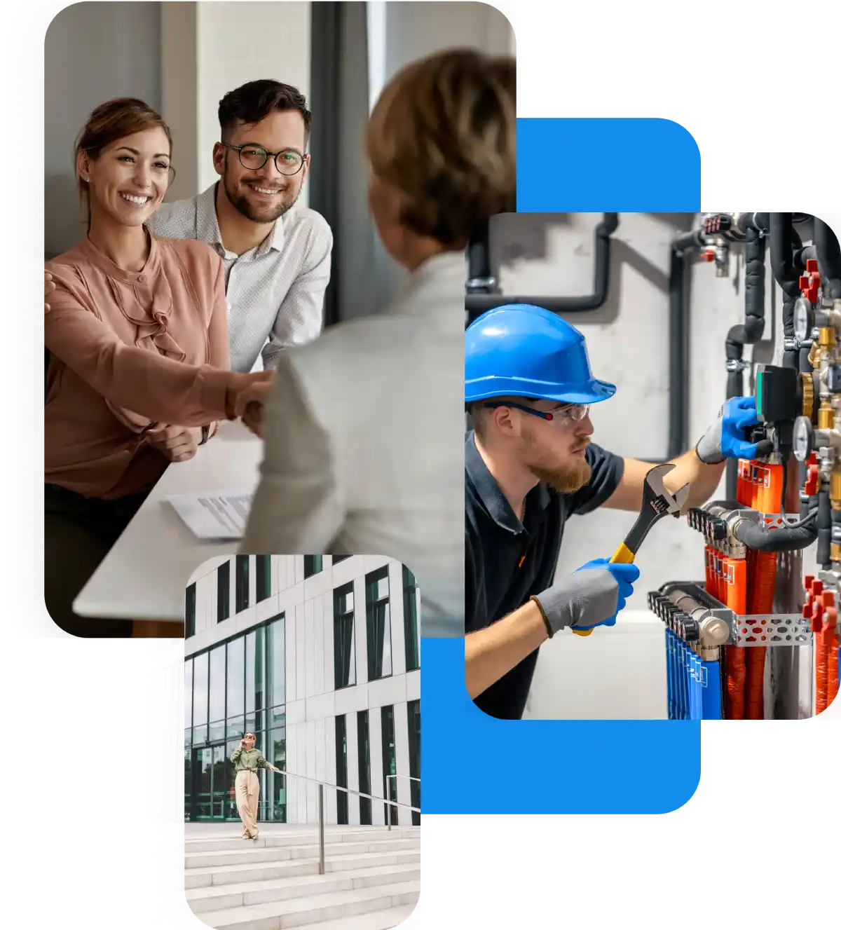 Coppia stringe la mano a un consulente, tecnico lavora su impianto industriale, donna cammina su scale edificio moderno.