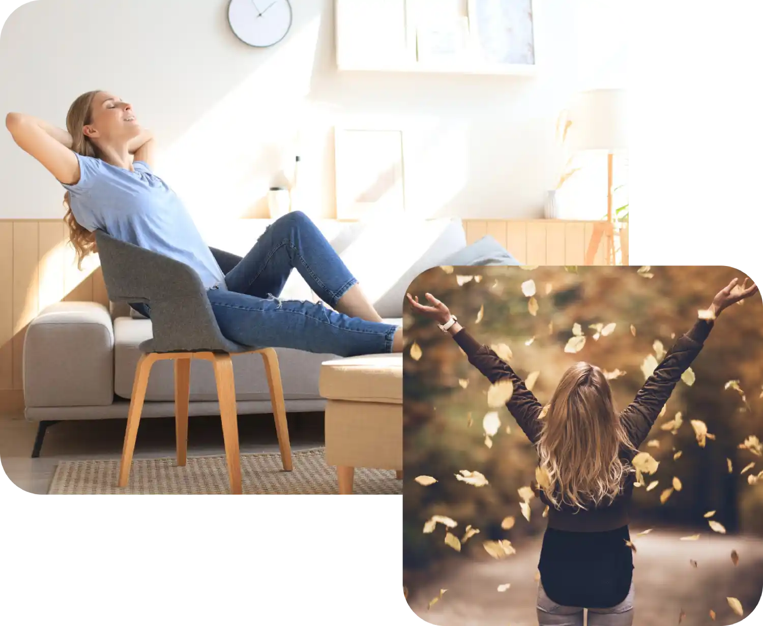 Donna rilassata su sedia in salotto; un'altra con braccia alzate in autunno con foglie.