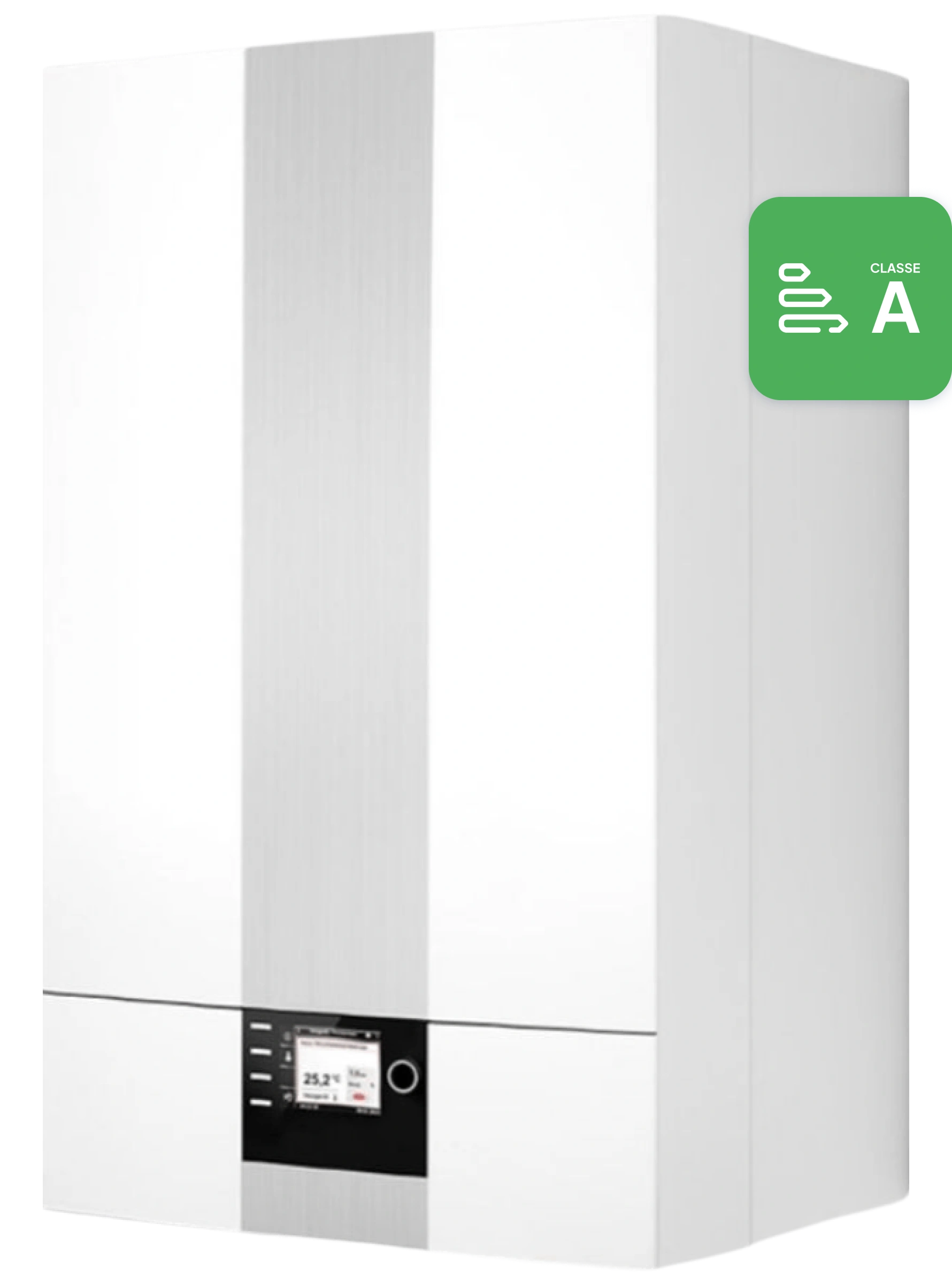 Caldaia a condensazione bianca con display, classe energetica A, design moderno.
