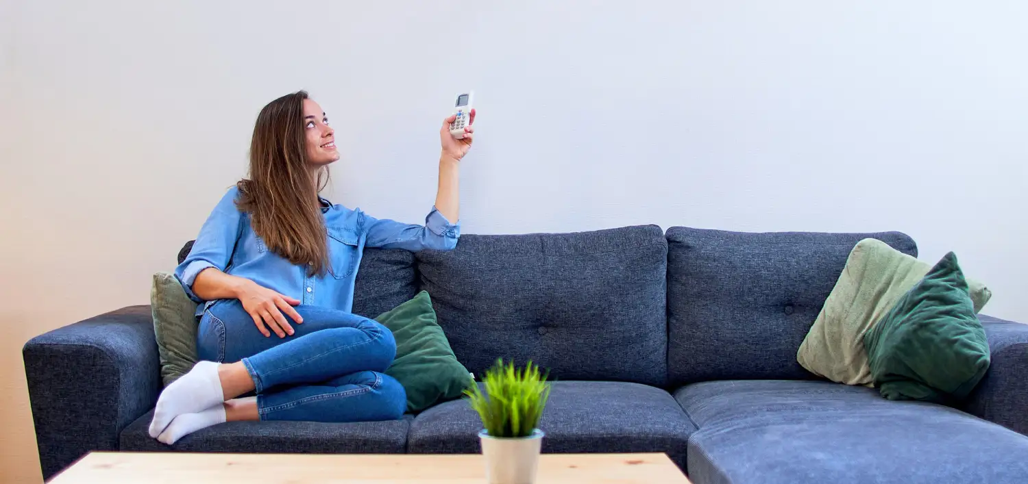 Donna seduta su un divano grigio, usa un telecomando. Cuscini verdi, pianta sul tavolino.