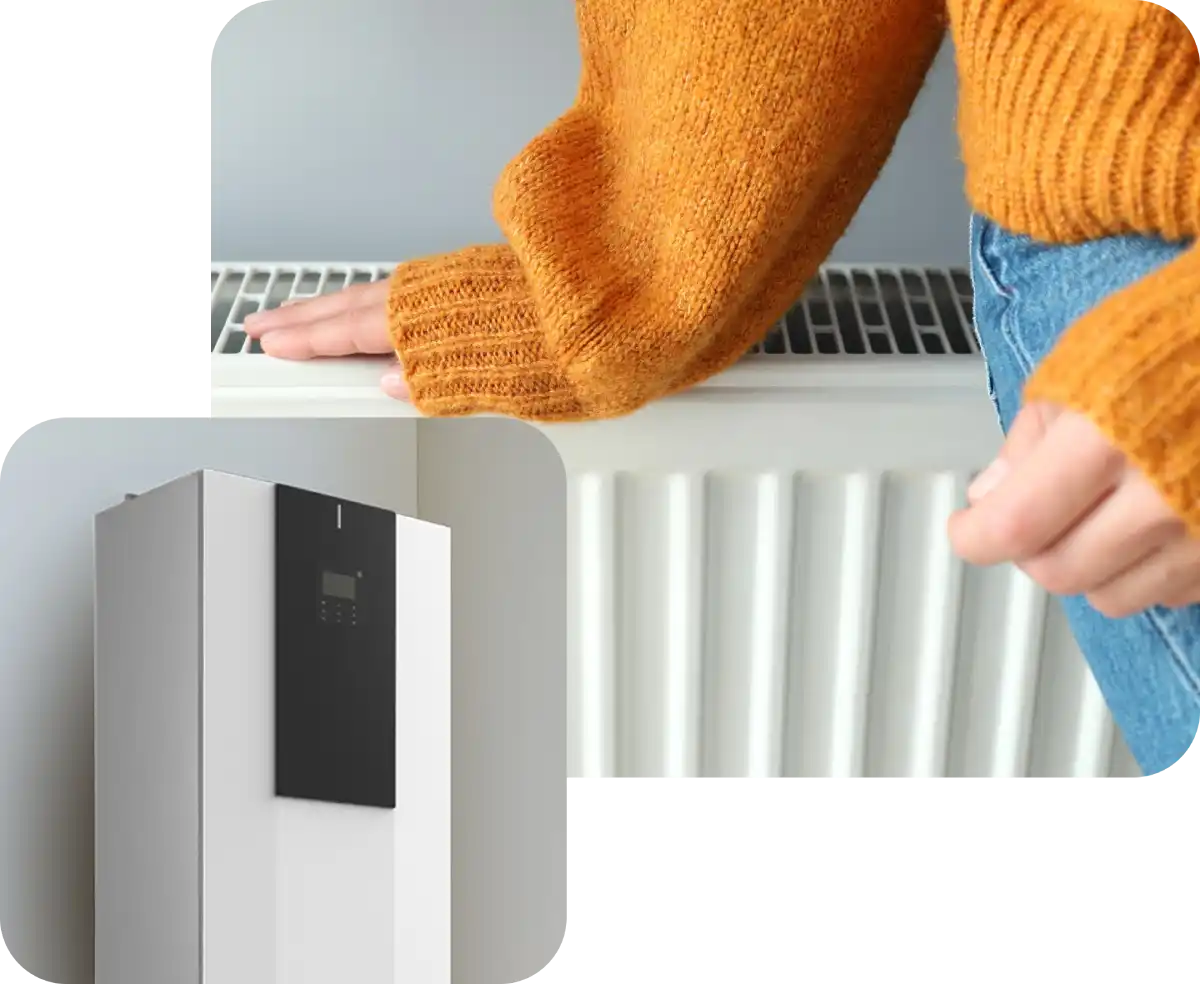 donna seduta su un termosifone, riscaldato da pompa di calore full electric