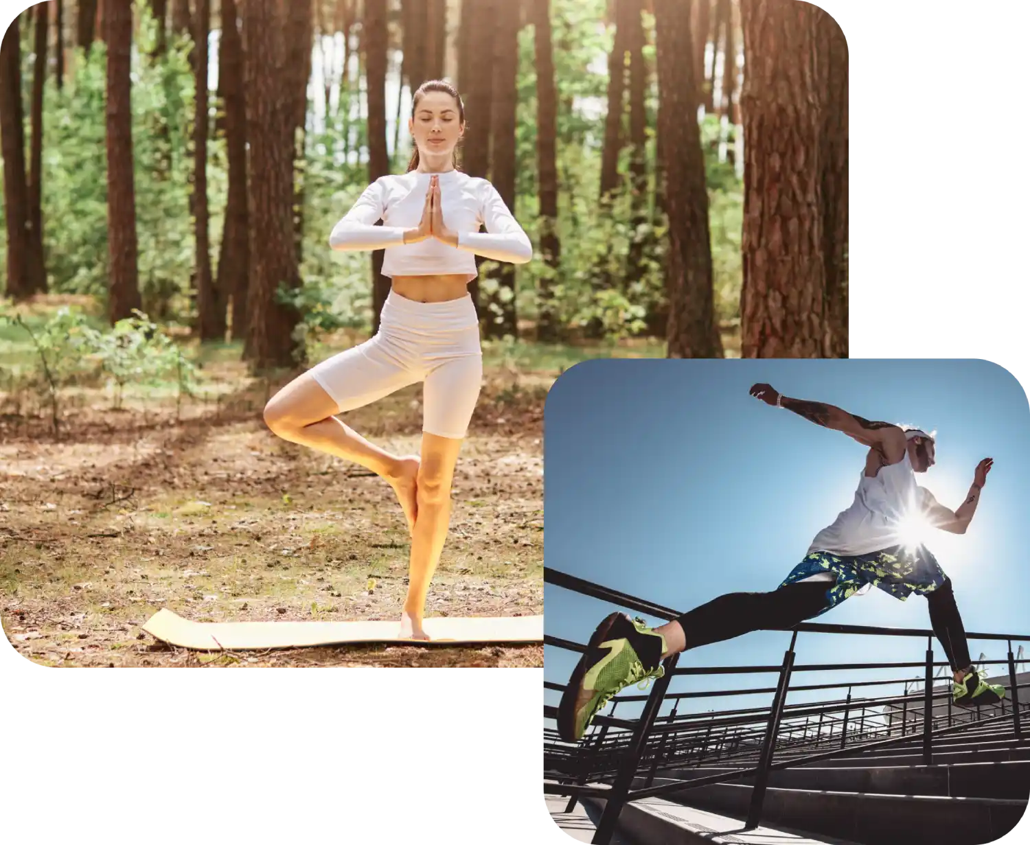Donna fa yoga nella foresta su tappetino; uomo corre sulle scale al sole.