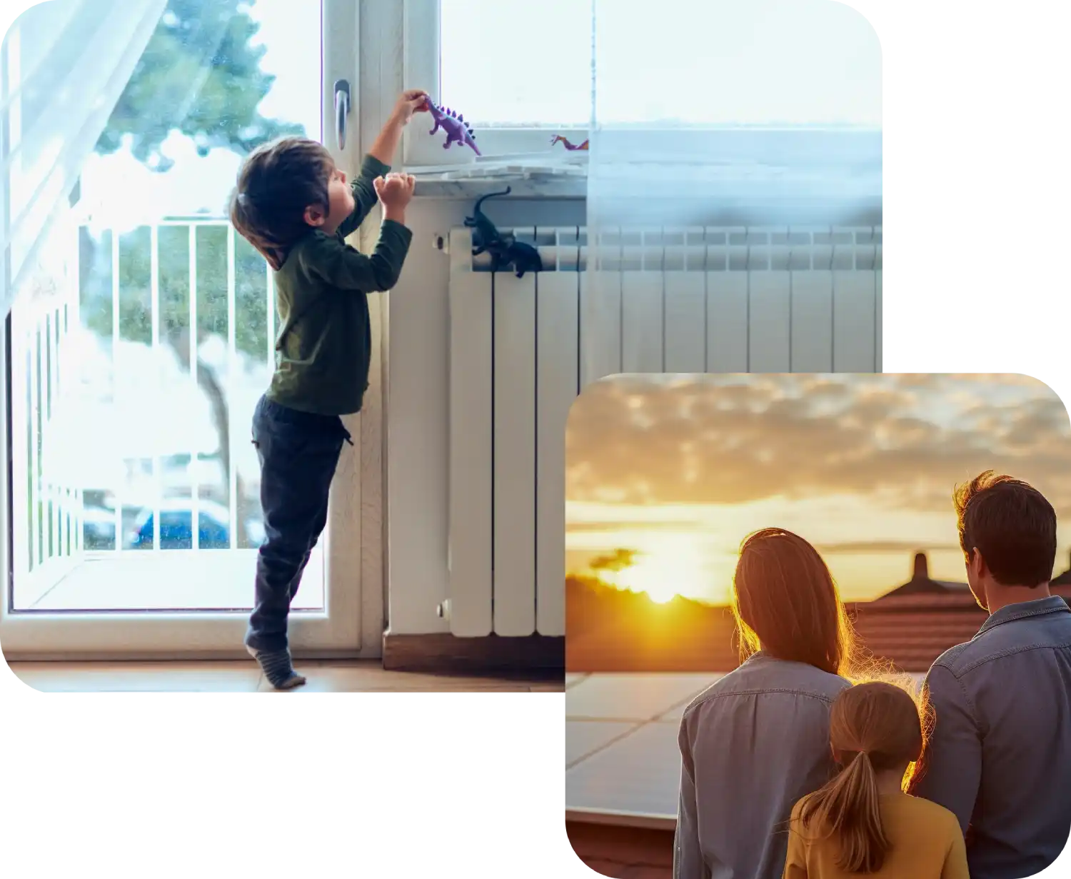 Bambino gioca con dinosauro vicino a finestra; famiglia guarda tramonto su tetto con pannelli solari.
