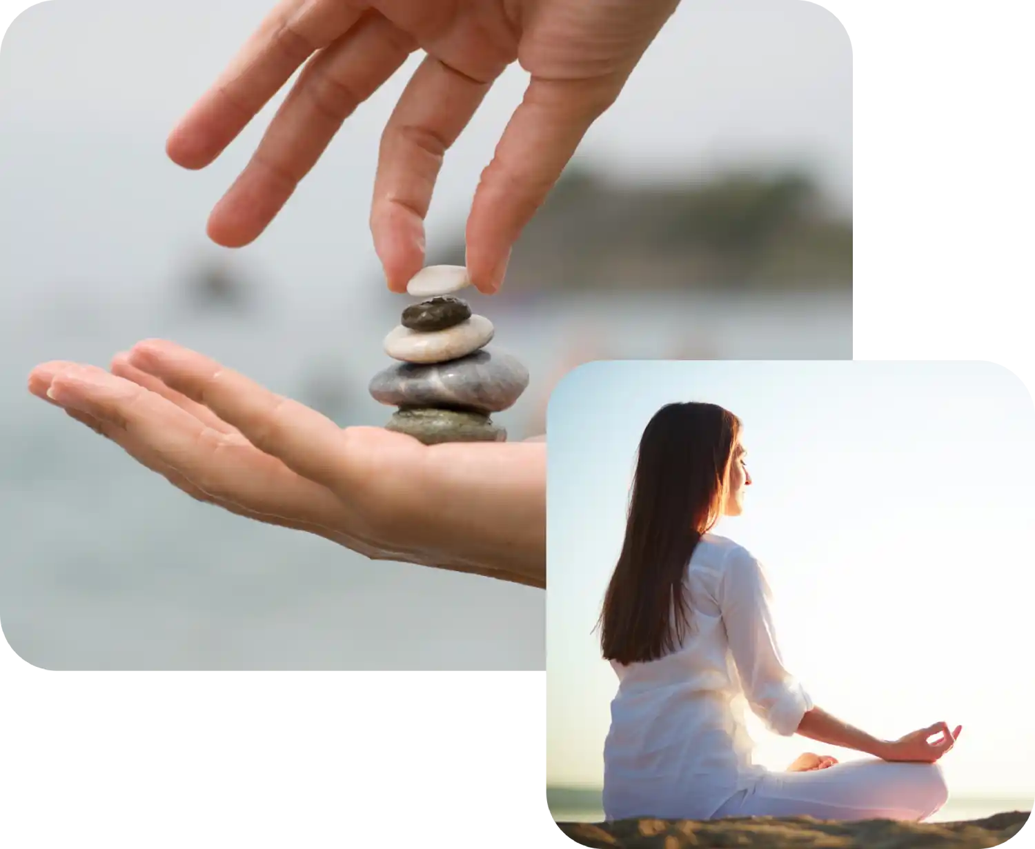 Mani che impilano pietre su sfondo di mare, donna medita all'aperto al sole.