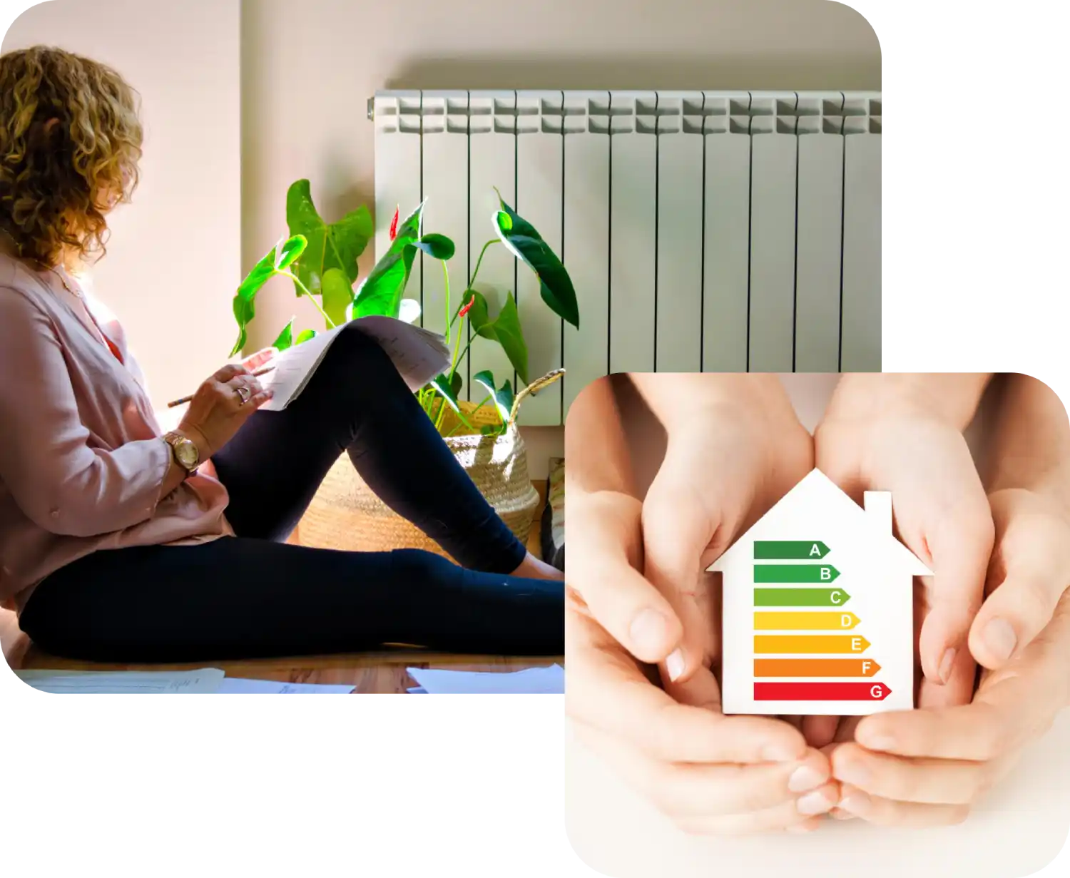 Donna seduta legge vicino a radiatore, pianta accanto. Immagine di casa con classificazione energetica.