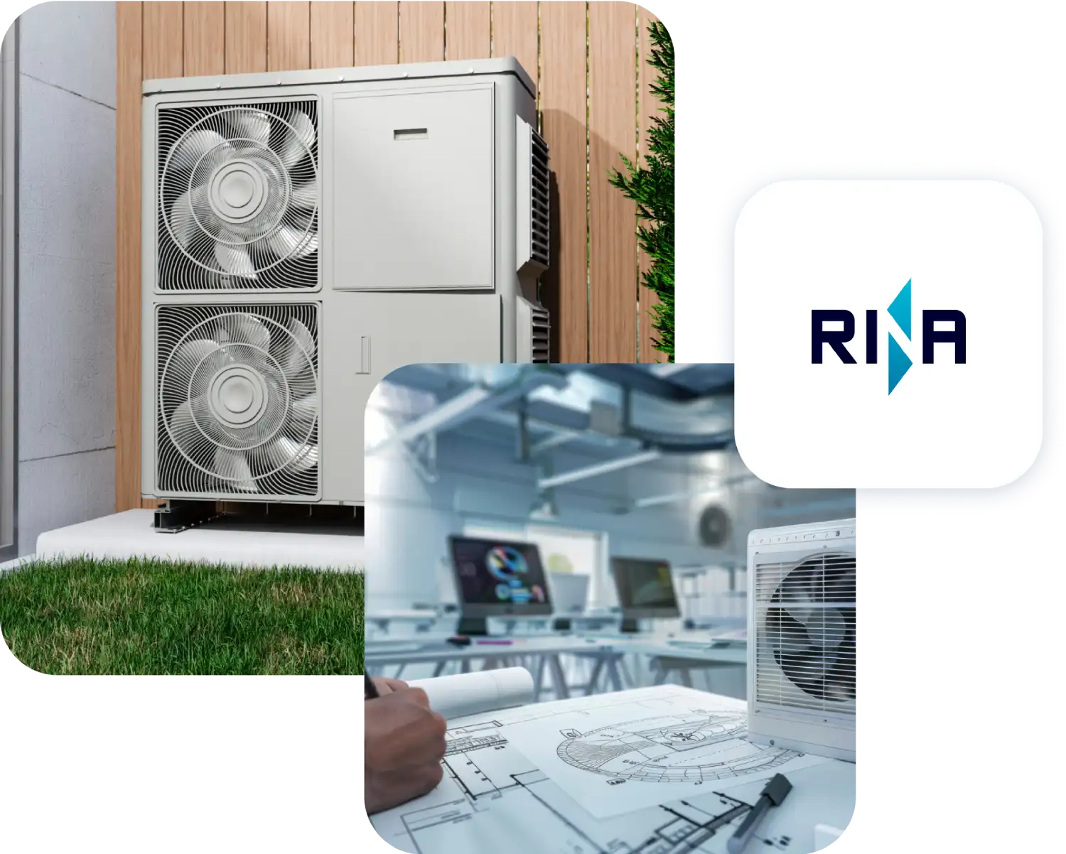 Pompa di calore, schermo CAD, marchio RINA.