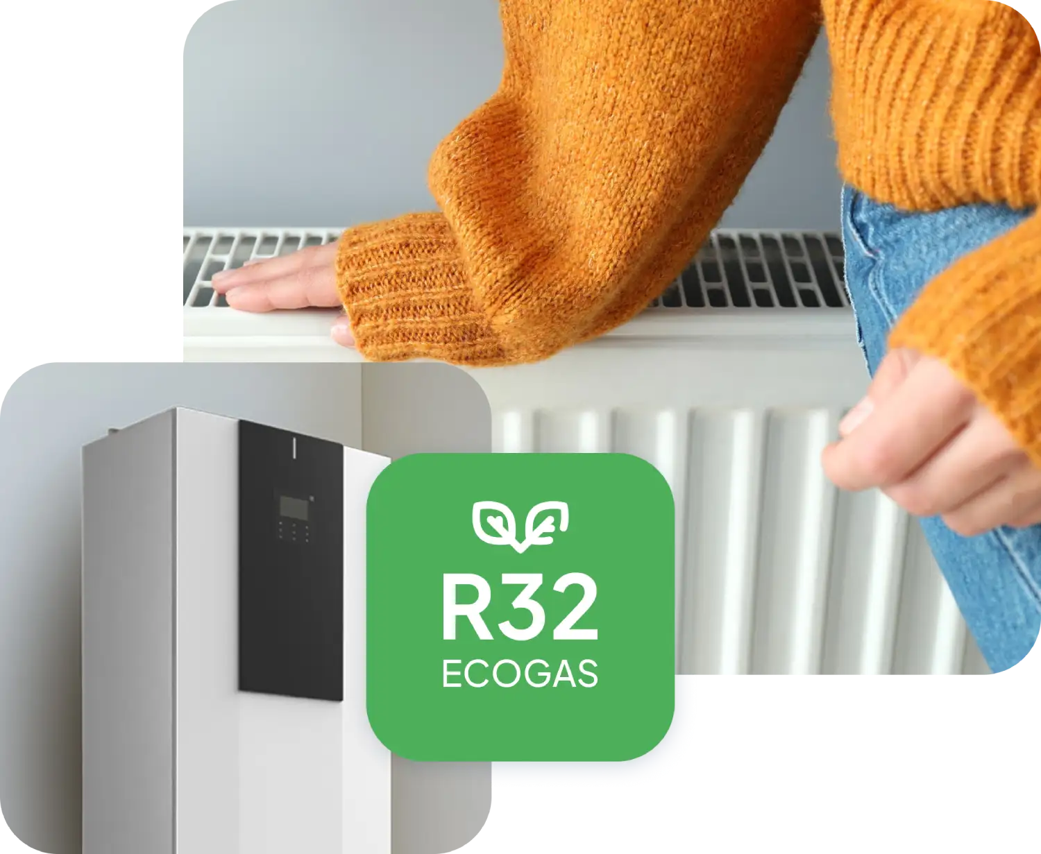 Donna con maglione arancione vicino a un radiatore; icona R32 Ecogas in primo piano.