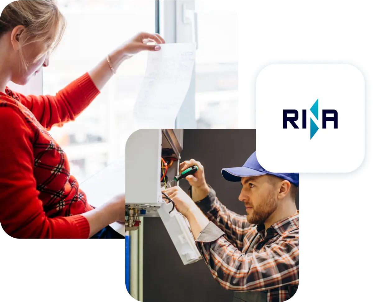 Donna legge documento, uomo ripara centralina elettrica, logo RINA in alto a destra.