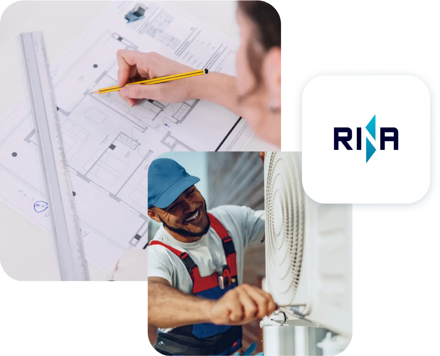 Progettista disegna planimetria, tecnico ripara condizionatore, logo RINA.