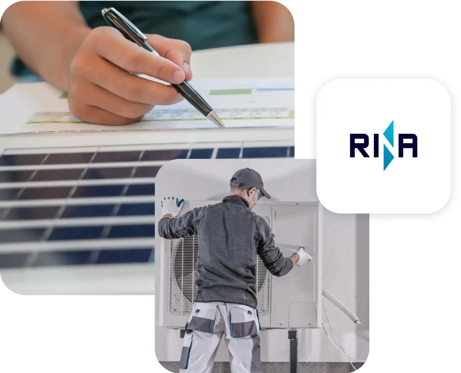 Persona scrive su documento, tecnico ripara unità esterna, logo RINA visibile in sovraimpressione.
