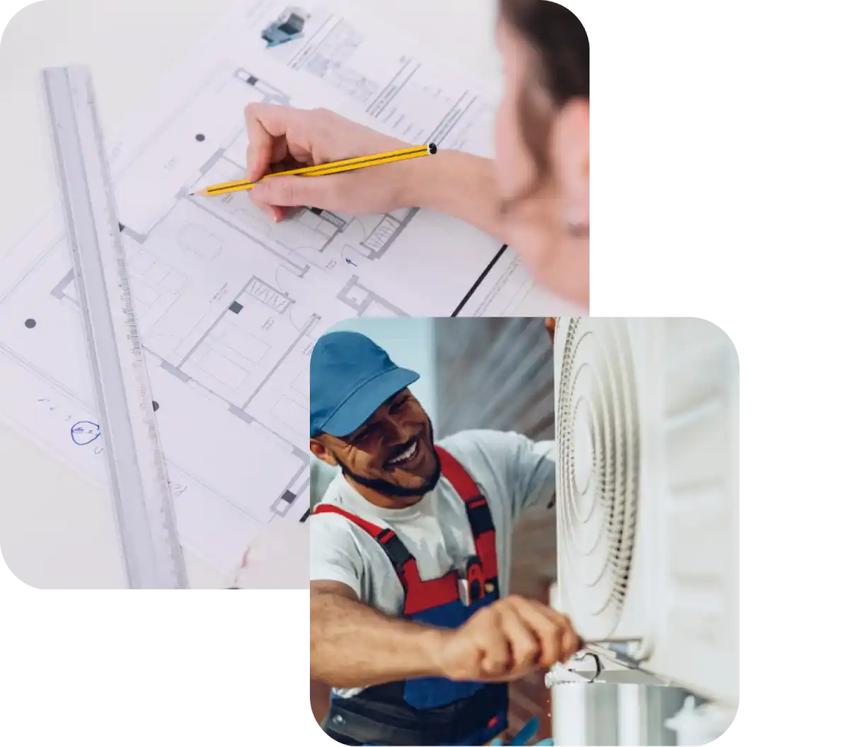 Uomo installa condizionatore, disegno del progetto