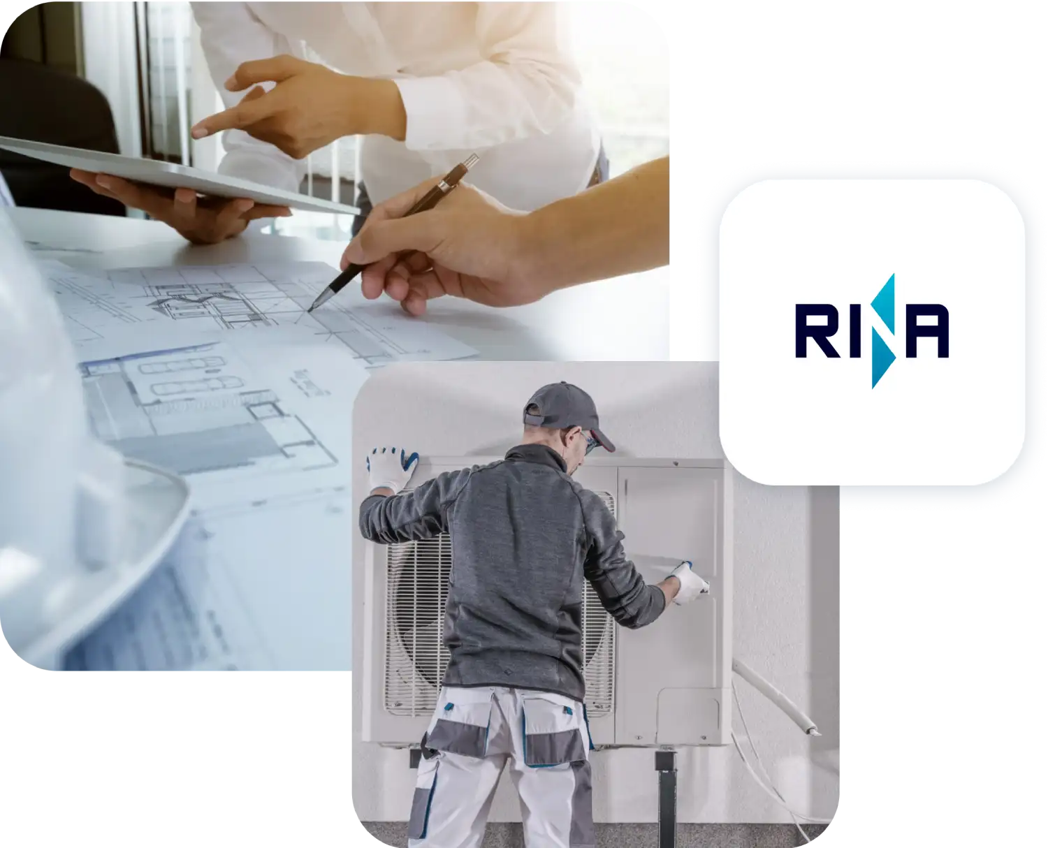 Progetto ingegneristico, tecnico lavora su impianto, logo RINA visibile.