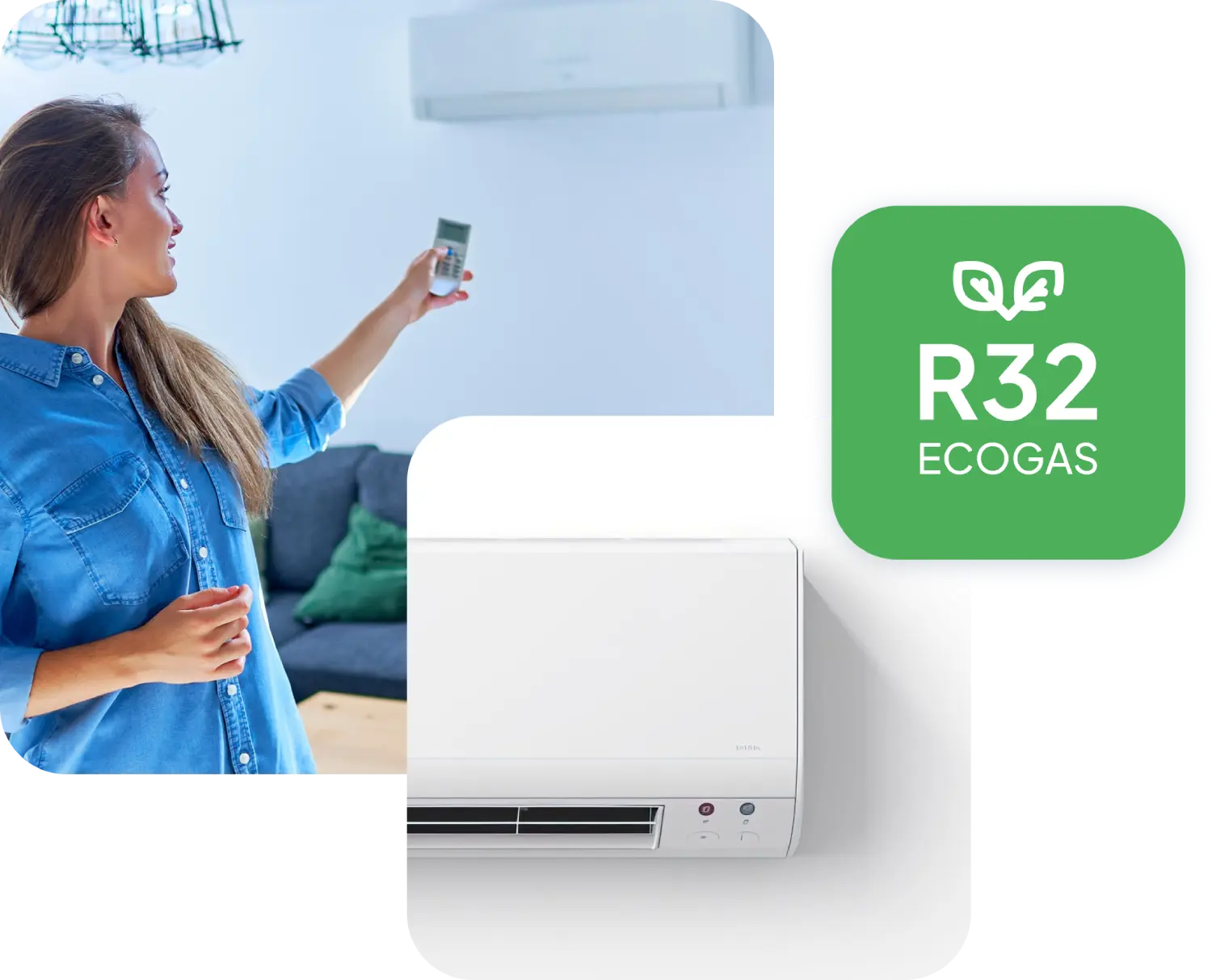 Donna usa telecomando per climatizzatore R32 Ecogas in soggiorno moderno.