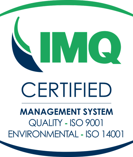 Logo certificazione IMQ ISO 9001 qualità e ISO 14001 ambientale, gestione certificata.