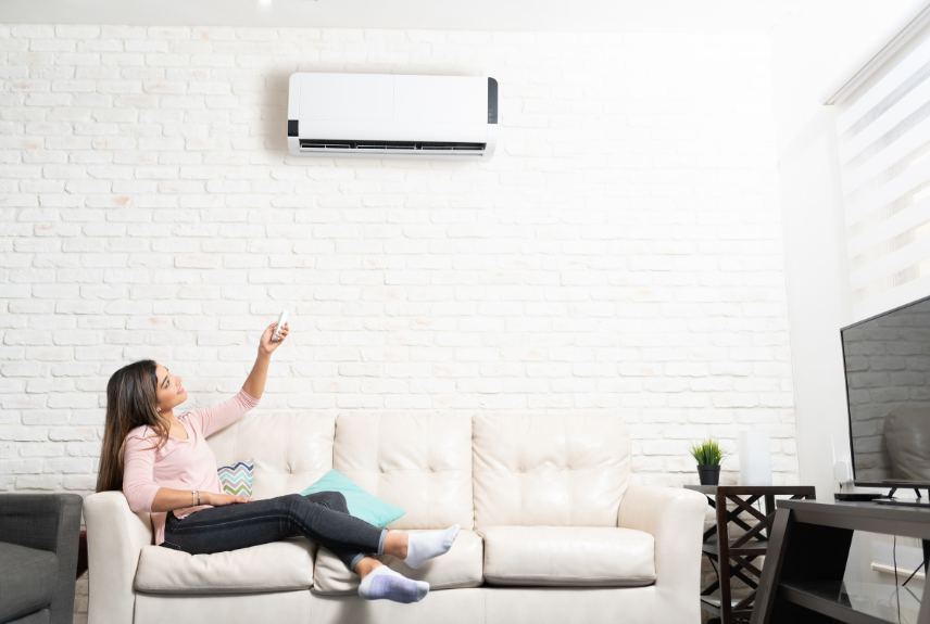 Donna su divano utilizza telecomando per accendere condizionatore in soggiorno.