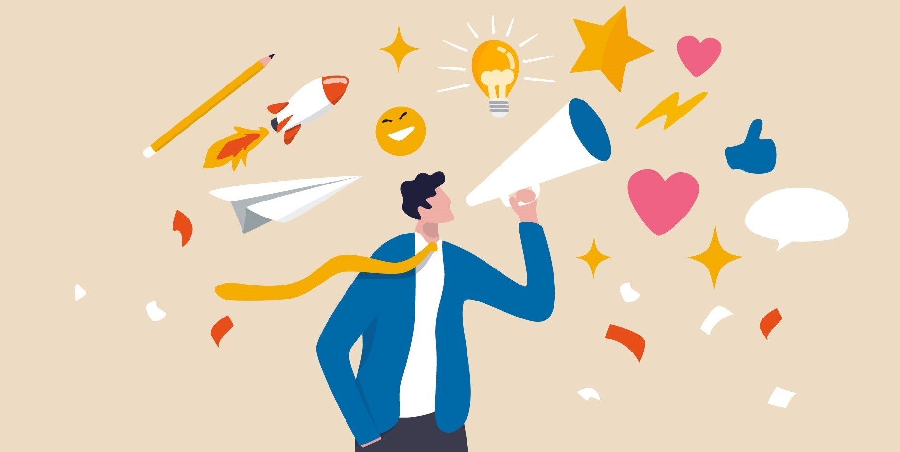 Persona con megafono circondata da simboli creativi: razzo, cuore, lampadina, carta, emoji.