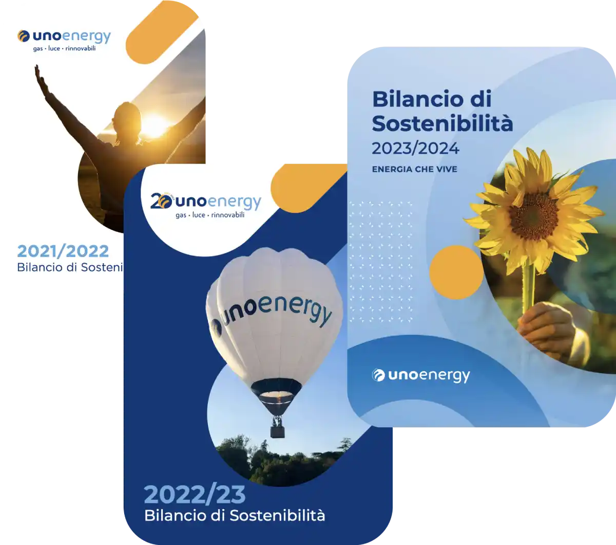 Tre copertine di bilanci di sostenibilità Unoenergy 2021-2024 con immagini di uomo, mongolfiera e girasole.
