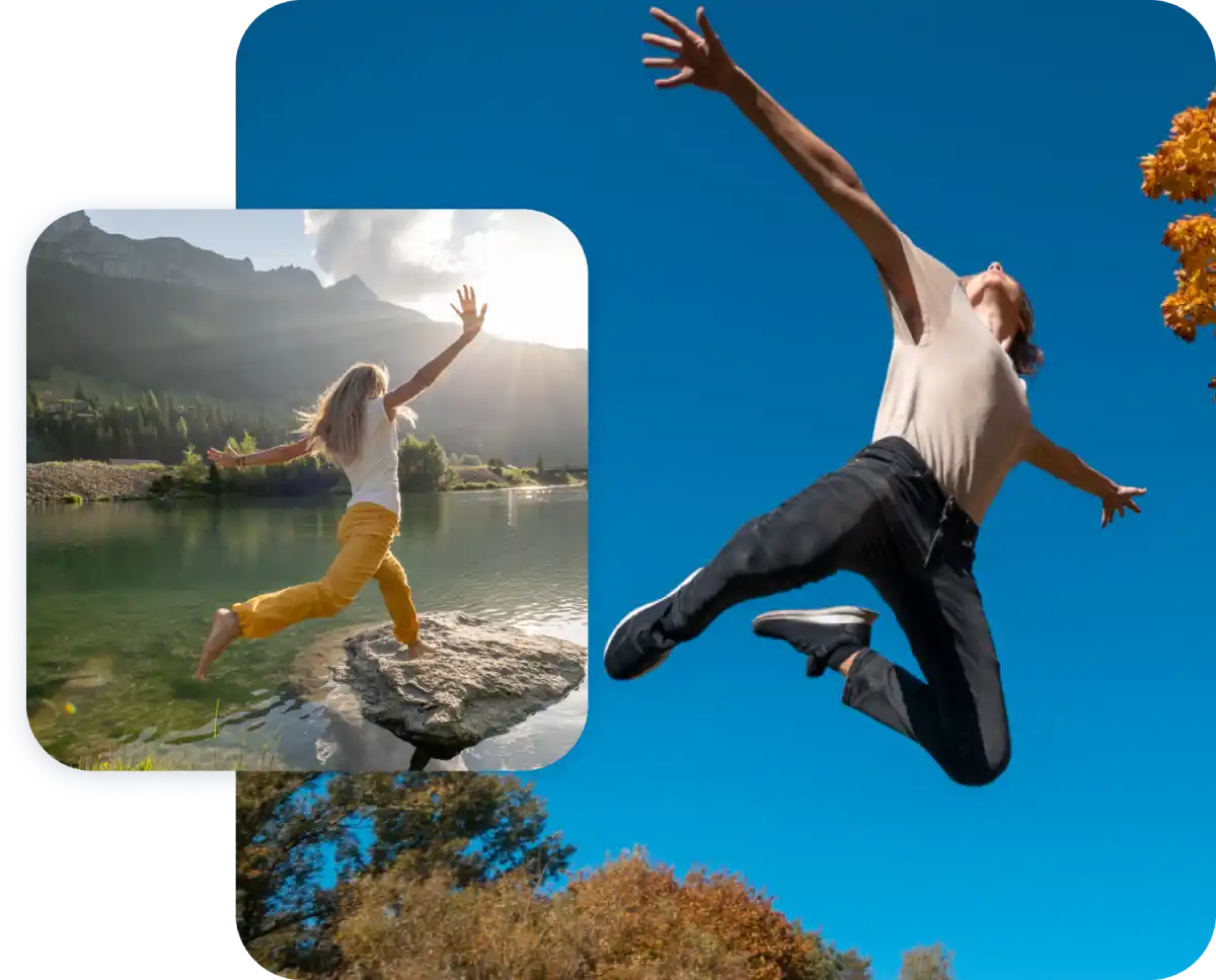 Due persone saltano all'aperto: una su uno sfondo naturale di montagna e lago, l'altra su sfondo blu cielo.
