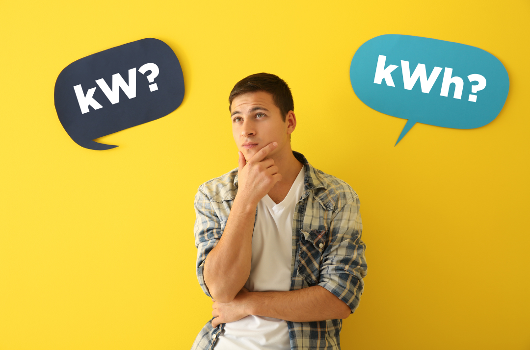 Uomo pensieroso con bolle kW e kWh su sfondo giallo, concetto di energia.