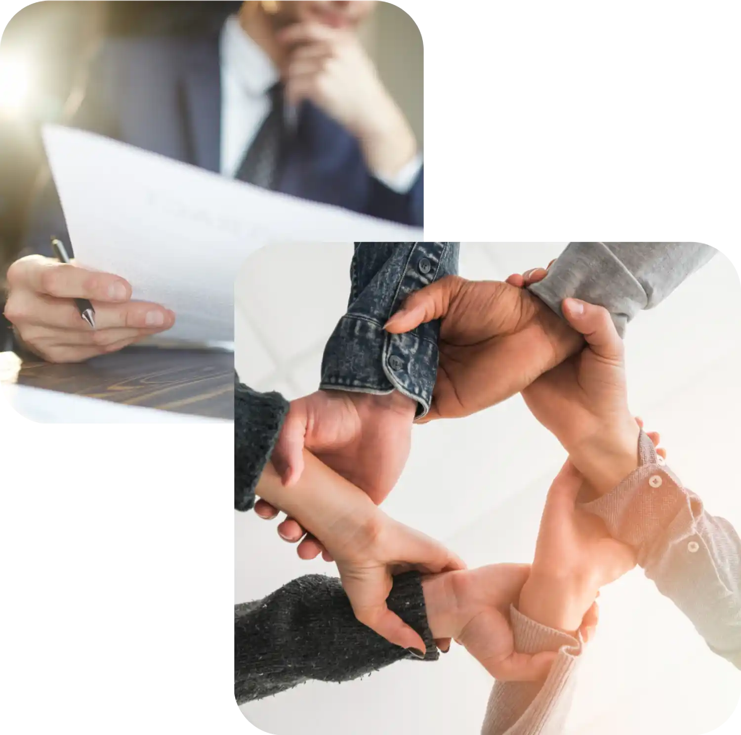 Una persona con documento e penna, mani unite in cerchio, simboleggiano lavoro di squadra.