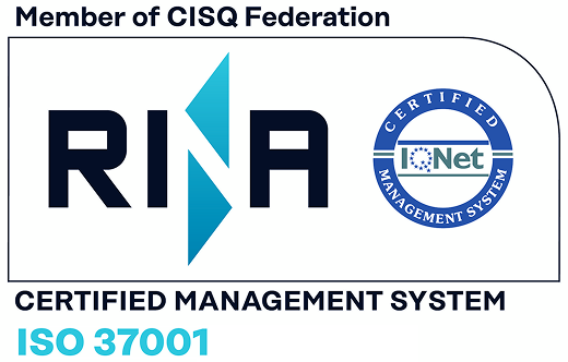 Logo RINA e IQNet per sistema di gestione certificato ISO 37001, membro Federazione CISQ.