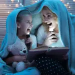 Bambina e donna leggono con torce sotto coperta, orsetto di peluche accanto, atmosfera serale con luci soffuse.