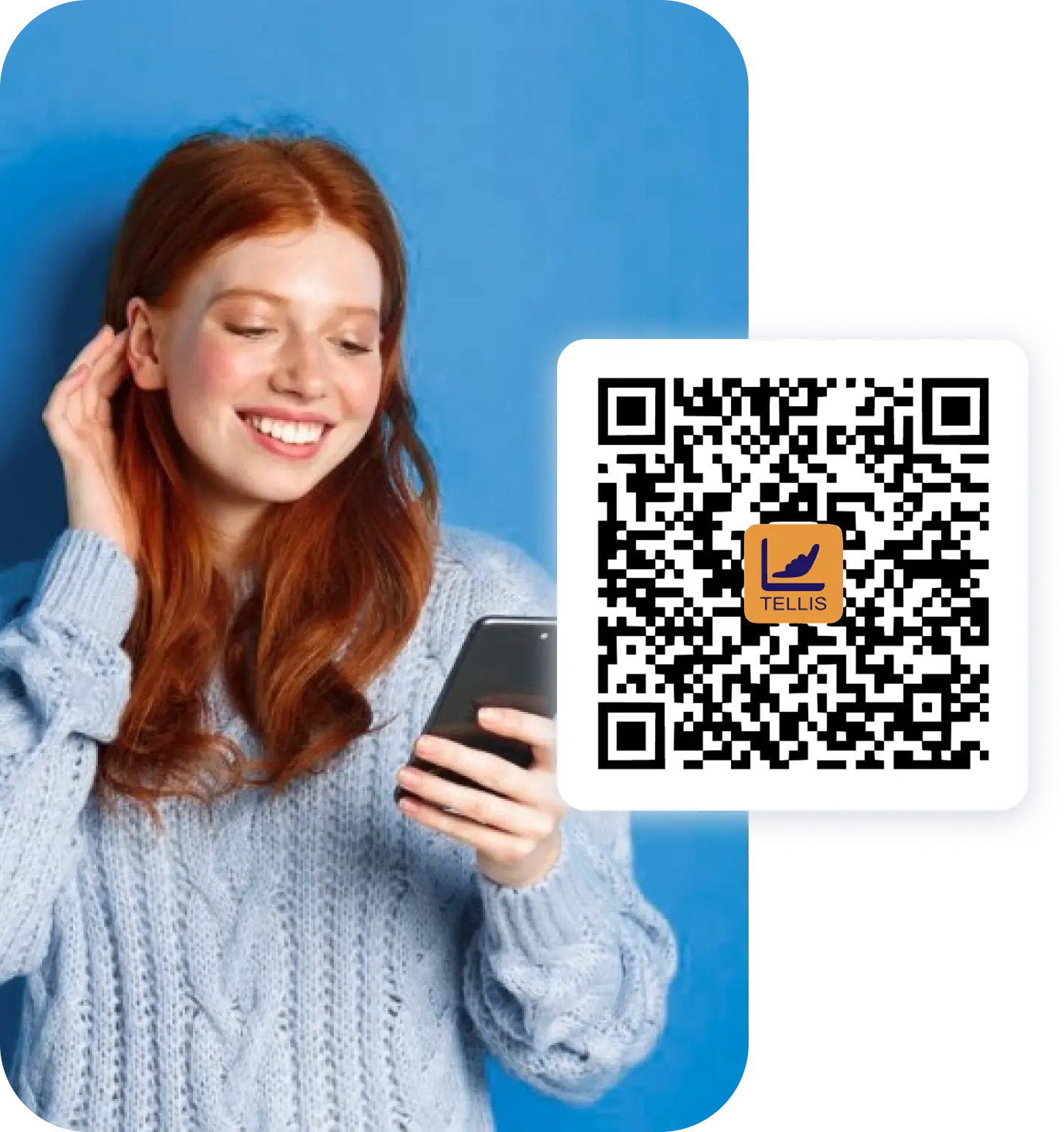 Ragazza sorridente usa smartphone accanto a codice QR Tellis, sfondo blu chiaro.