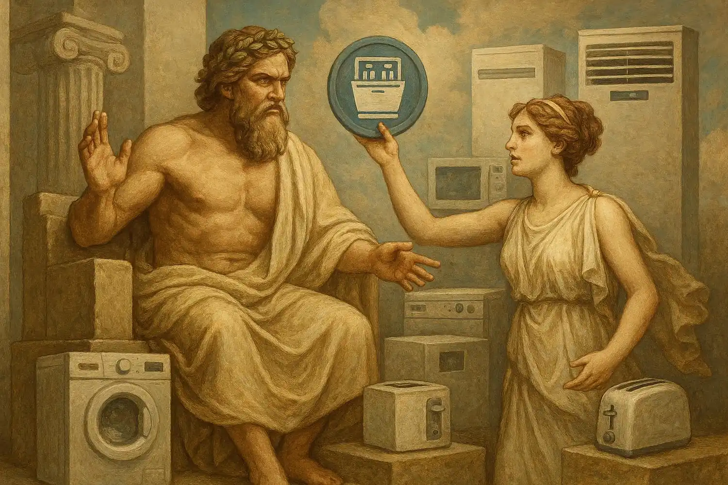 Dipinto classico con figure mitologiche attorniate da elettrodomestici moderni, tenendo un simbolo di negozio online.