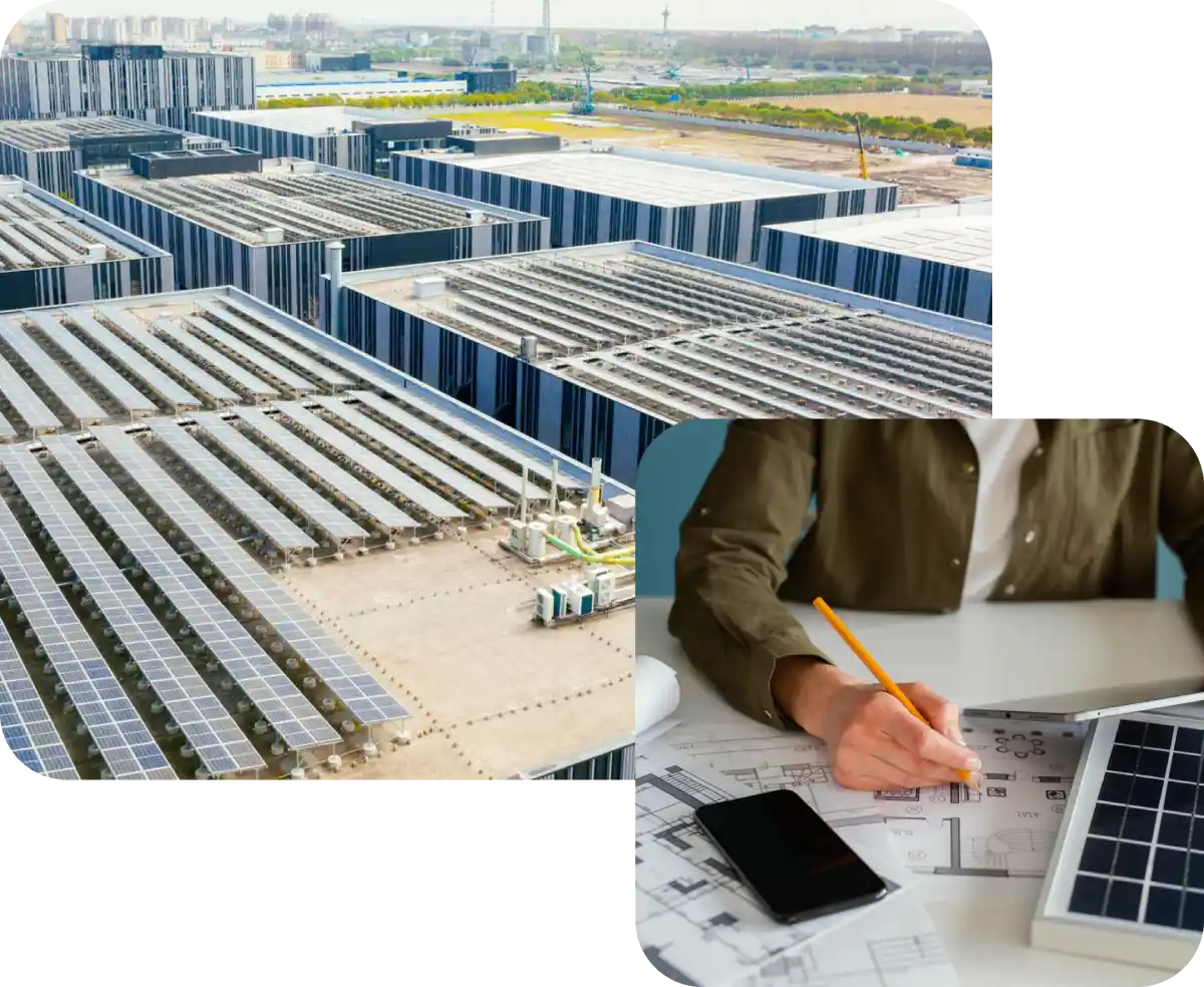 Struttura industriale con pannelli solari sul tetto e persona che lavora su progetti con tablet e matita.