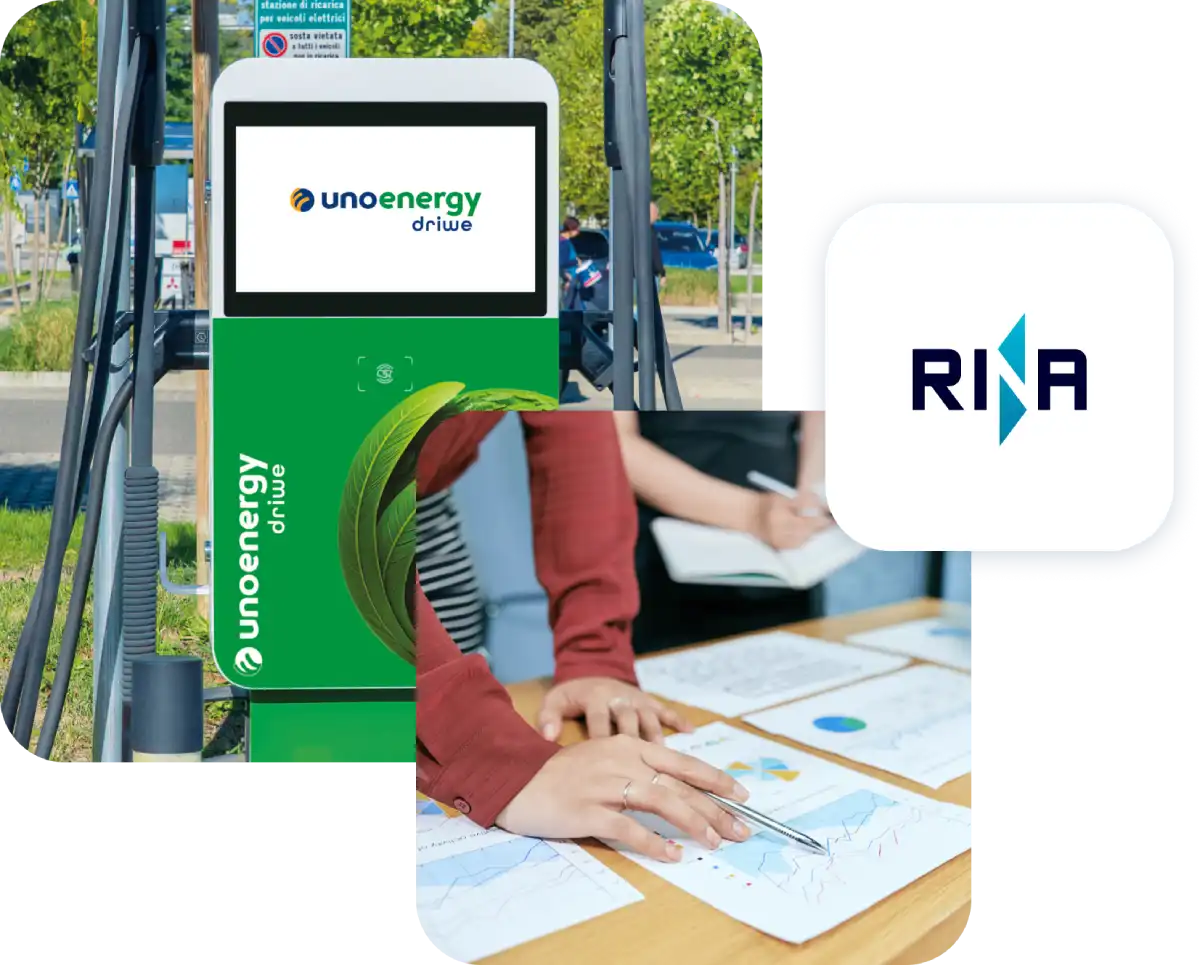 Colonnina di ricarica Unoenergy Driwe, donna che compila moduli e logo Rina