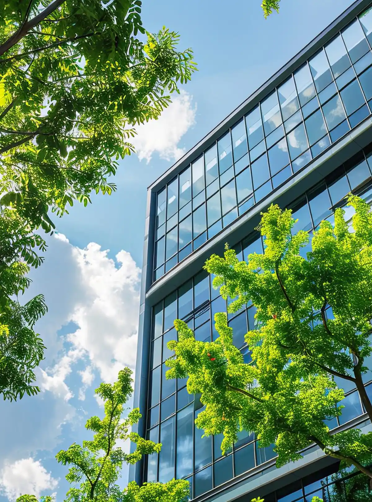 Edificio moderno con vetri riflettenti accanto ad alberi verdi e cielo blu con nuvole.